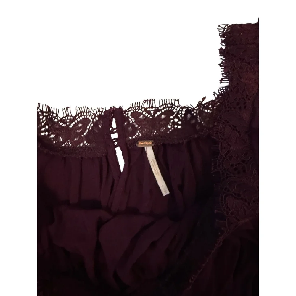 Free‎ People Plum Purple Lace Trim Square Neck Long Sleeve Boho Blouse Small